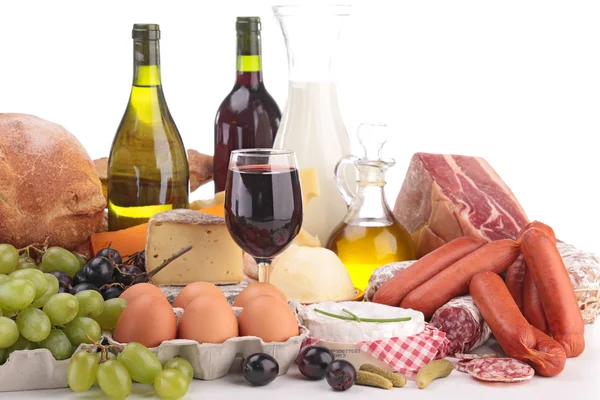 Composition with wine,cheese,bread,meat — Stock Photo, Image