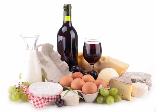 Composizione con vino, uova e formaggio — Foto Stock