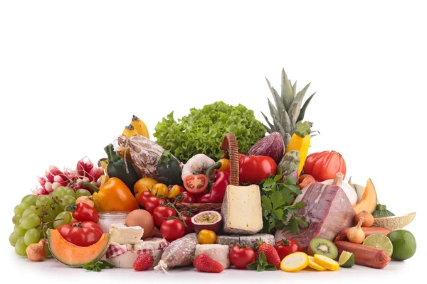 Composition with fruits,vegetables,cheese and sausages — Stock Photo, Image