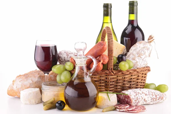 Composition with wine,cheese and sausage — Stock Photo, Image