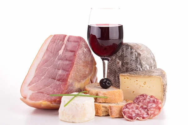 Composition with wine,sausage and bread — Stock Photo, Image