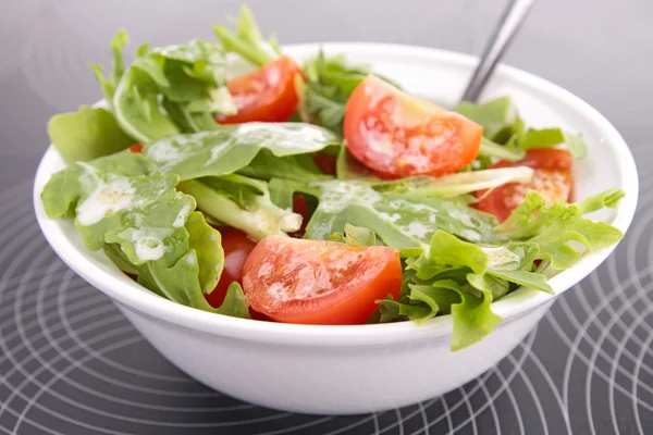 Bowl of tomato salad with lettuce and sauce — Stock Photo, Image