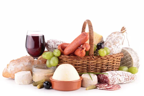 Wineglass, dairy product and meat — Stock Photo, Image