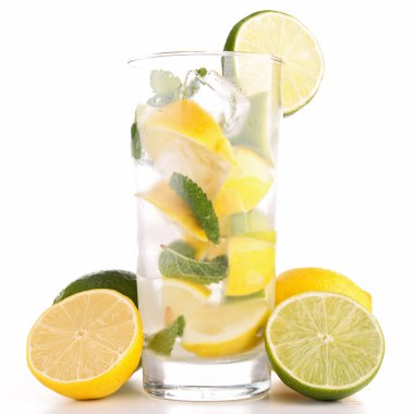 Cocktail with ice cube and lemon slice