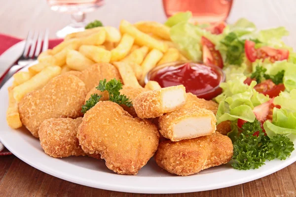 Nugget,french fries and salad — Stock Photo, Image