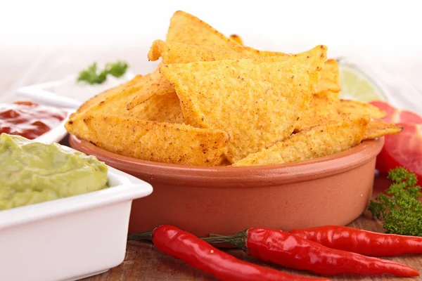 Tortilla chips and dips — Stock Photo, Image