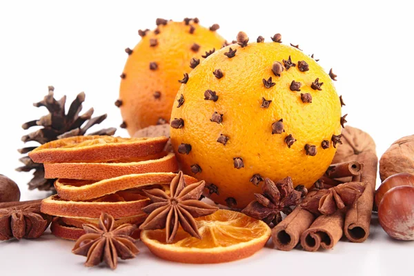 Christmas decoration: orange, cinnamon and star anise — Stock Photo, Image