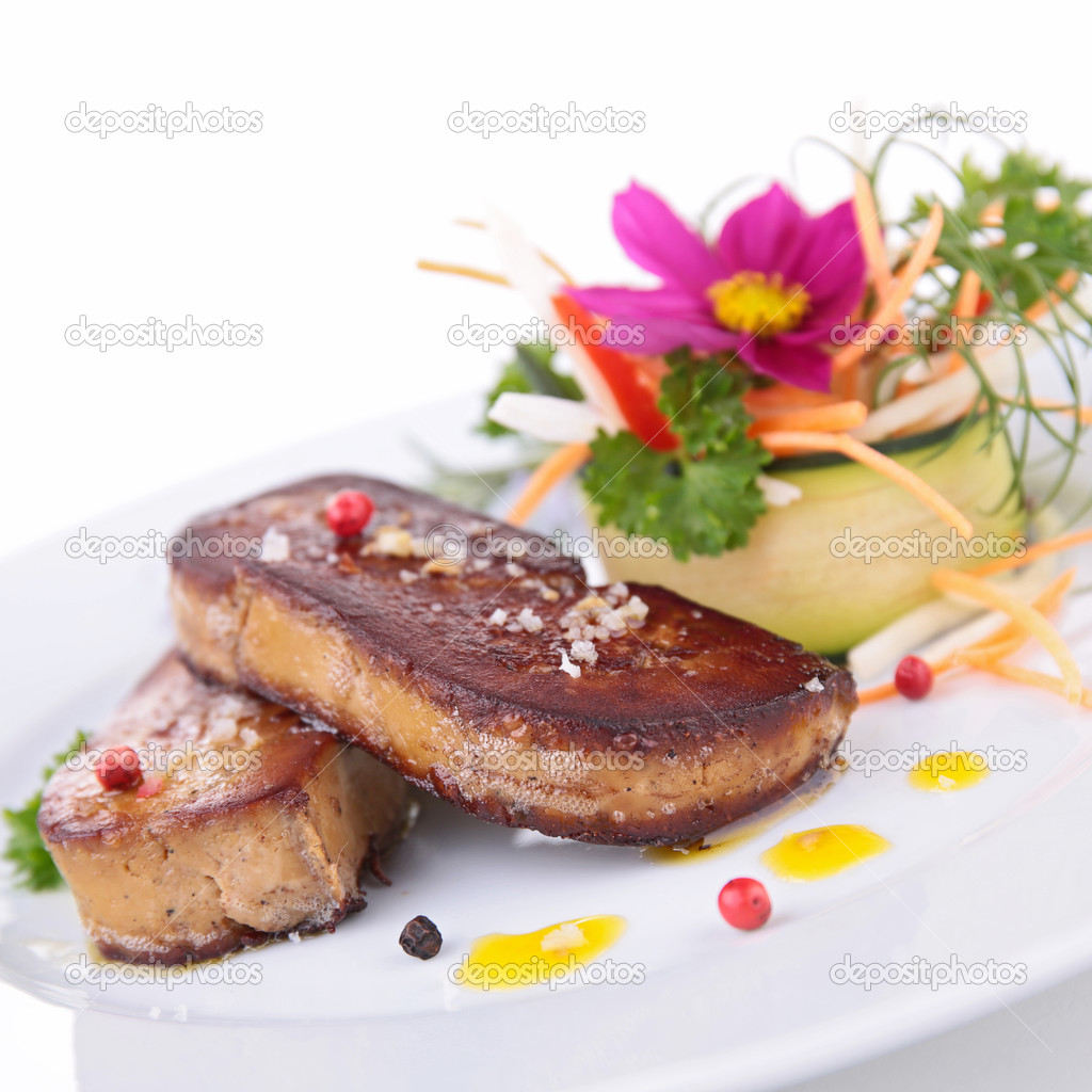 Grilled foie gras with vegetables and flowers