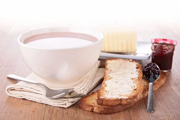 Café da manhã com chocolate e pão — Fotografia de Stock