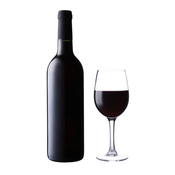 Láhev vína a skla, izolované — Stock fotografie