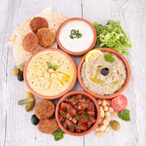 Hummus, falafel and others mezze — Stock Photo, Image