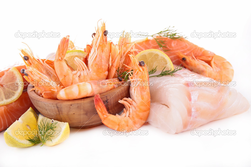 Raw fish and shrimps