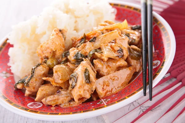 Asian cuisine with rice and chicken — Stock Photo, Image