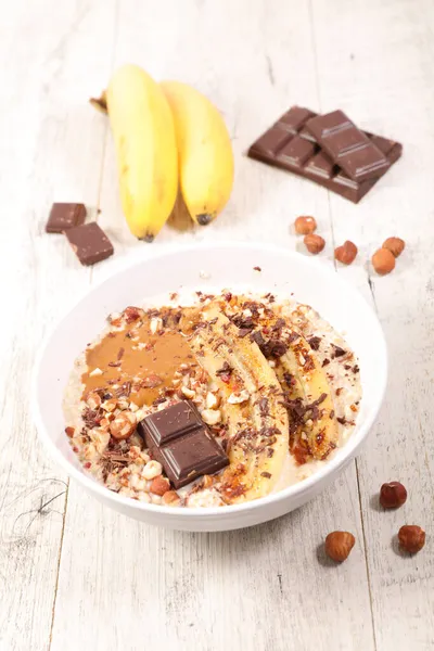 Oat Meal Chocolate Bananas Hazelnuts — Stock Photo, Image