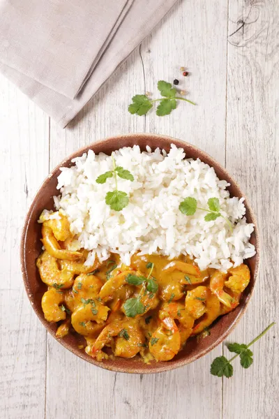 Camarones Fritos Con Crema Especias Con Arroz —  Fotos de Stock