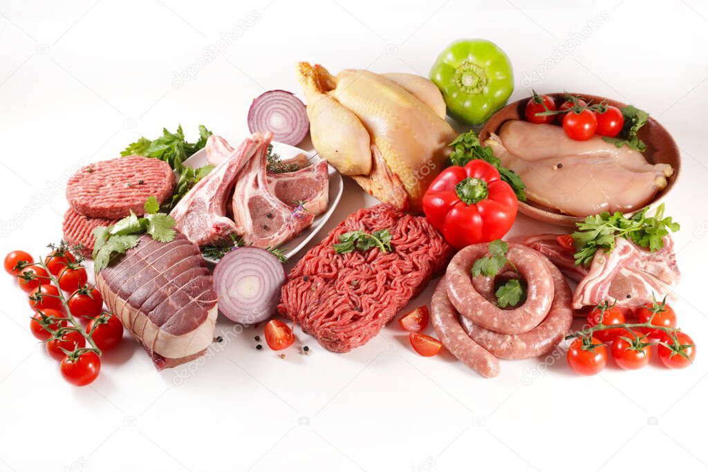 variety of raw meats isolated on white background