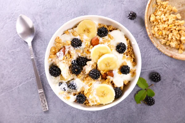 Healthy Breakfast Granola Milk Fruits — Stock Photo, Image