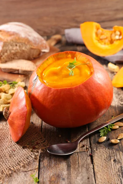 Bowl Pumpkin Soup Wooden Board — Stock Photo, Image