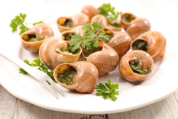 Escargot Cocinado Con Mantequilla Parsley Gastronomía Festiva Francesa — Foto de Stock