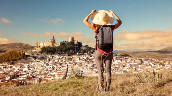 Woman Tourist Enjoying View Castle Andalousia — стокове фото