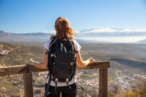 Woman Traveler Backpack Looking Panoramic View Sierra Nevada Spain — Stockfoto