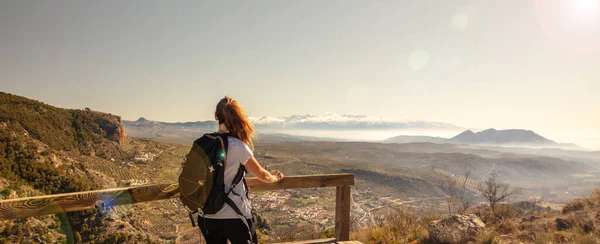 Woman Looking Panoramic View Sierra Nevada Spain — Stockfoto