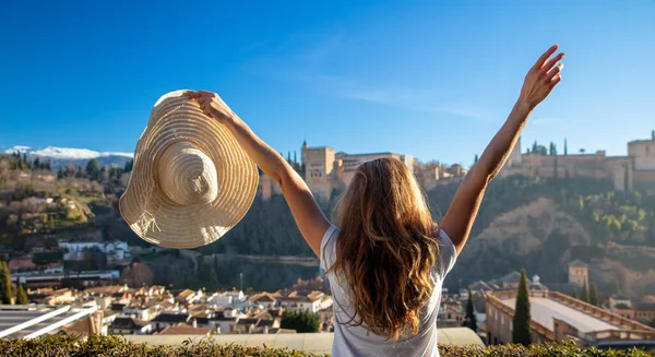 Woman Tourist Happy Looking Alhambra View Andalusia Spain — стоковое фото