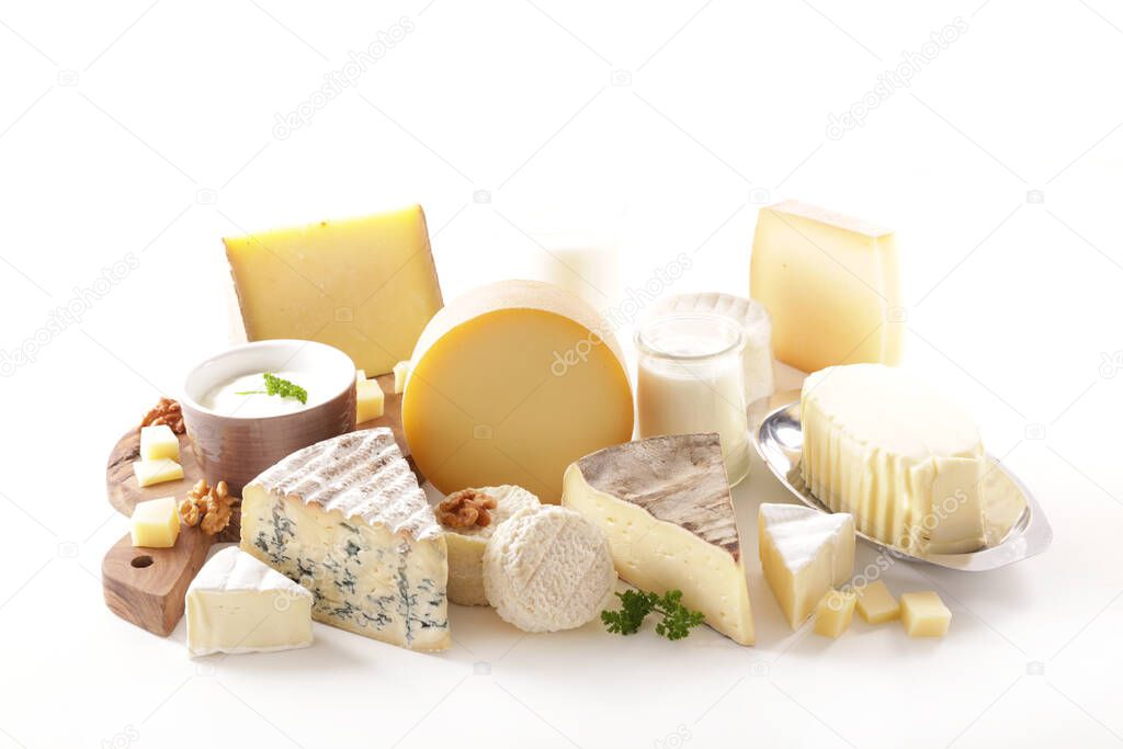 assorted of variety of dairy product on white background