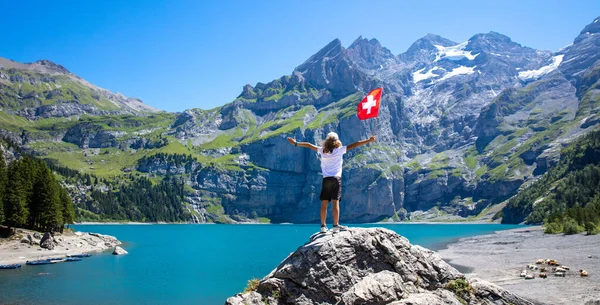 Young Boy Swiss Flag Oeschinen Lake Kandersteg — Stockfoto