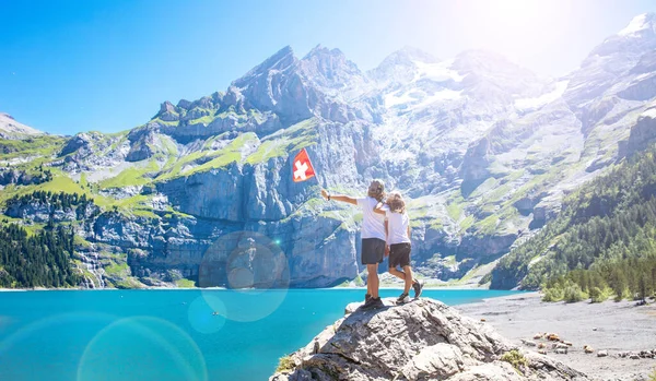 Two Brother Swiss Flag Oeschinen Lake Kandersteg — Stockfoto