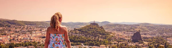 Woman Looking Auvergne Landscape Panorama Puy Velay — Stockfoto