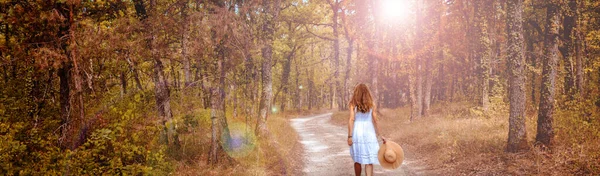 Rear View Woman White Dress Hat Walking Road Forest — 图库照片