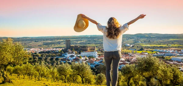 Woman Enjoying Panoramic View Alentejo Region Portugal Portel — Stockfoto