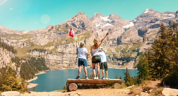 Happy Family Travelling Switzerland Oeschinensee Lake — Stockfoto