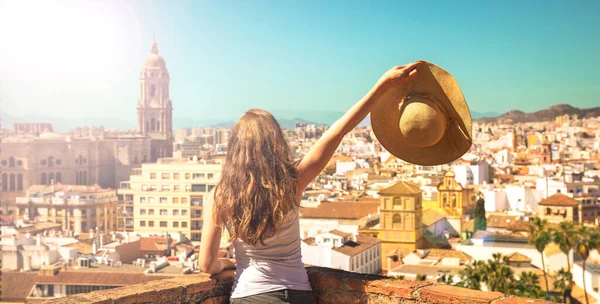 Woman Looking Panoramic View Malaga Andalusia Spain — Zdjęcie stockowe