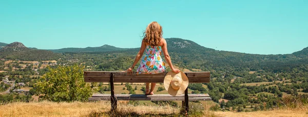 Woman Sitting Bench Looking Panoramic View France Countryside Auvergne Rhone — Stockfoto