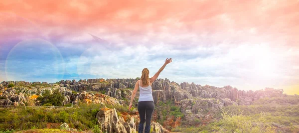 Happy Woman Hiker Amazing Rock Landscape Cerro Del Hierro Andalusia — стокове фото