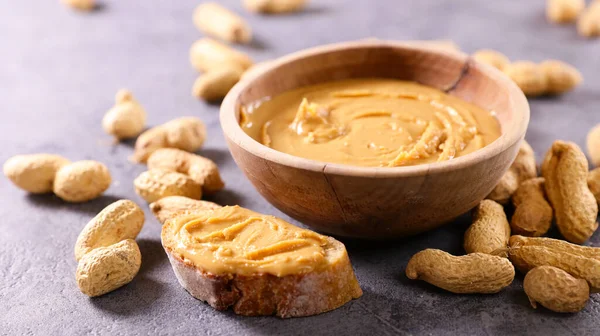 Bowl Peanut Butter Bread Slice — Stock Photo, Image