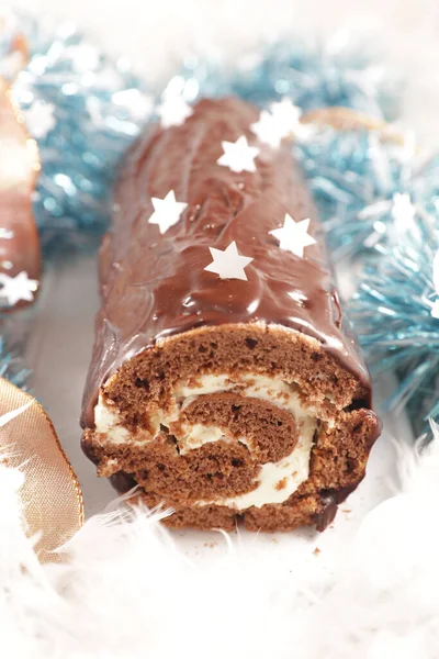 Kerstmis Chocolade Gebak Roll Decoratie — Stockfoto