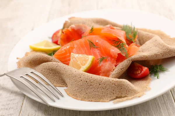 Crepe Smoked Salmon Lemon — Stock Photo, Image