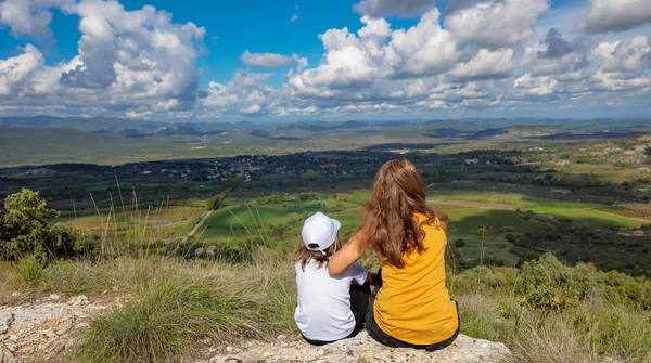 Mother Son Admiring Countryside France Landscape Cevennes Mountain Background — Stock Photo, Image