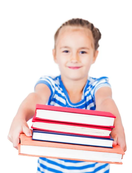 Bambina con zaino e libri isolati su sfondo bianco — Foto Stock