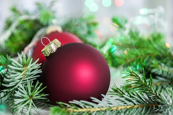 Closeup of christmas balls and christmas tree — Stock Photo, Image