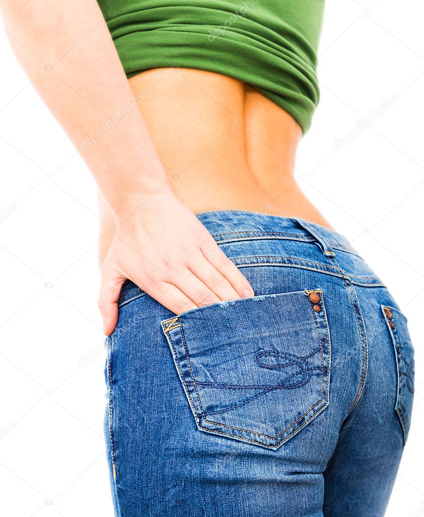 Fit female butt in blue jeans, isolated on white