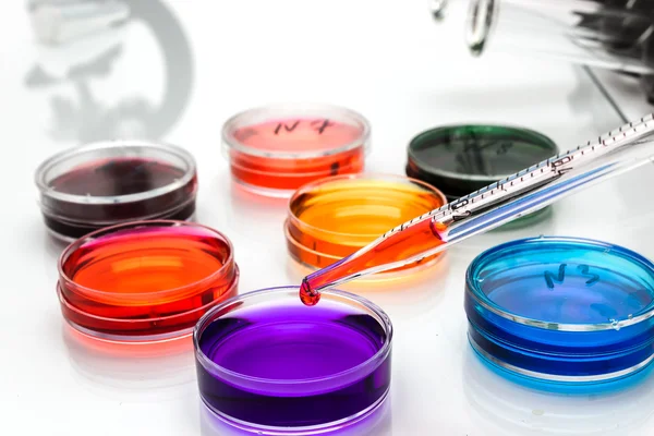 Pipette avec goutte de liquide de couleur et boîtes de Pétri — Photo