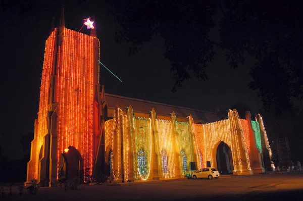 St.Jhon Cathedral church being decorated with colorful lights in connection of Christmas Day celebration — Stock Photo, Image