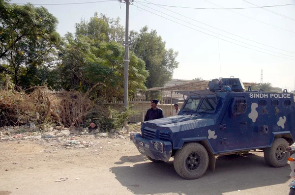 Police Armored Personnel Carrier (APC) stands after hand grenade attack on a lords sitting area — Stock Photo, Image