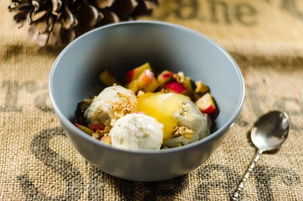 Yogurt,Cut Fruits, And Apple Sauce In Bowl — Stock Photo, Image
