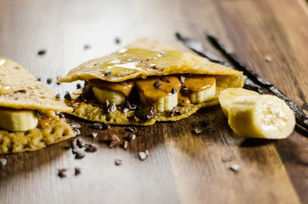 Banana Pancakes Wit Choco Chips On Table — Stock Photo, Image