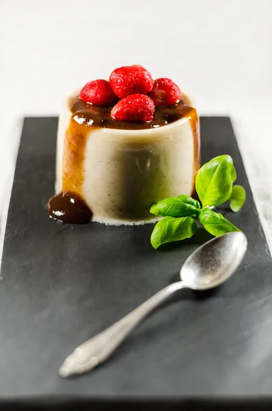 Strawberry Pannacotta And Spoon On Dish — Stock Photo, Image
